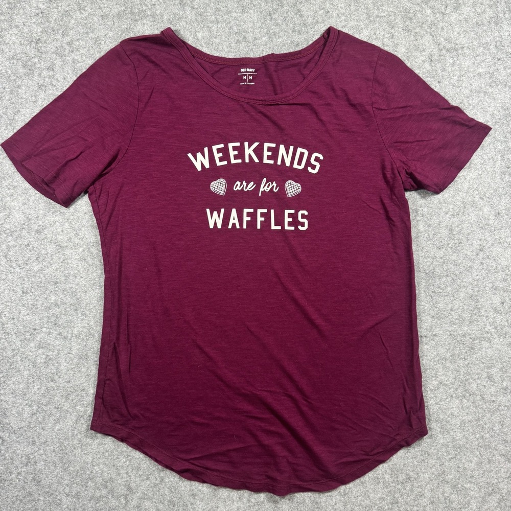 Old Navy Weekends are‎ for Waffles Graphic Tee Medium Maroon Slub Knit Cotton